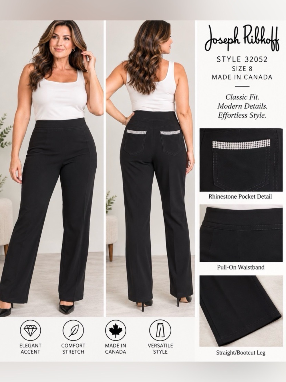 Joseph Ribkoff Black Rhinestone Pocket Pull On Pants Size 8